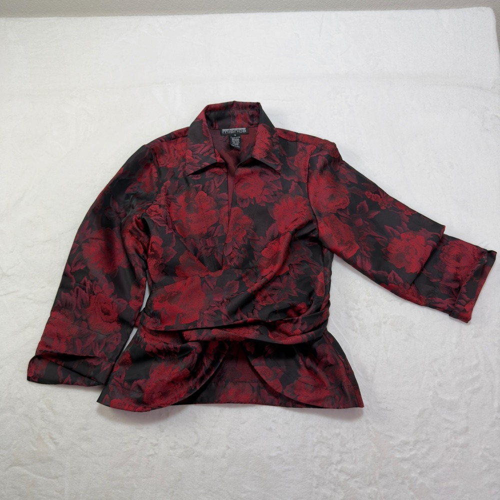 Mishca‎ Red Black Floral Print Kimono Style Size S